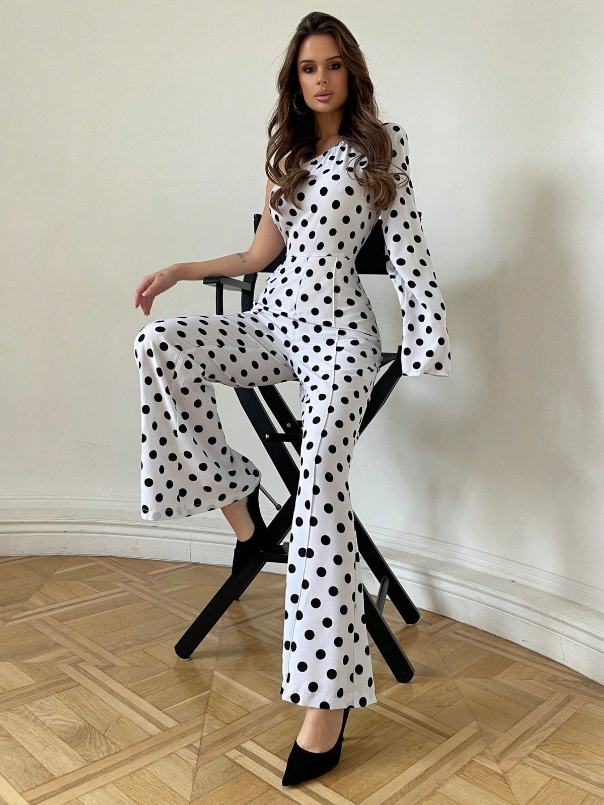 One Shoulder Polka Dot Print Bubble Sleeve Flared Leg Jumpsuit For Women