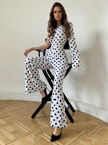 One Shoulder Polka Dot Print Bubble Sleeve Flared Leg Jumpsuit For Women