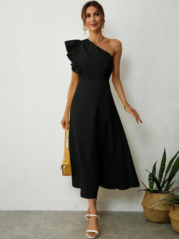 One Shoulder Ruffle Trim Dress