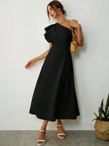 One Shoulder Ruffle Trim Dress