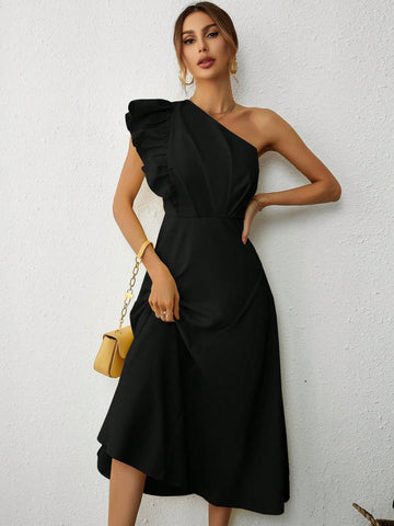 One Shoulder Ruffle Trim Dress