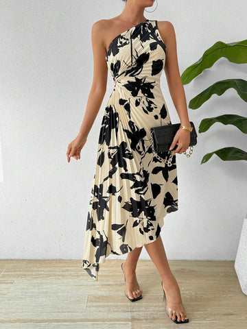 One Shoulder Sleeveless Hollow Out Waist Pleated Dress