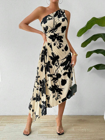 One Shoulder Sleeveless Hollow Out Waist Pleated Dress