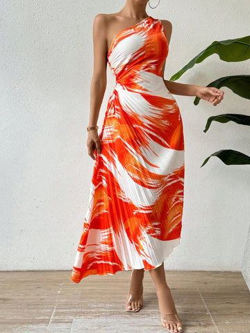One Shoulder Sleeveless Pleated Dress