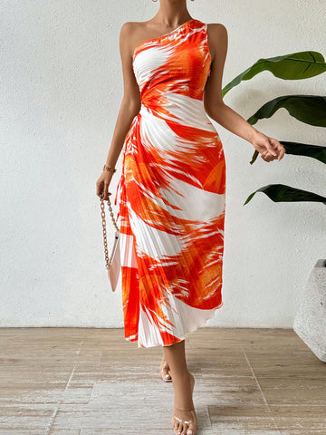 One Shoulder Sleeveless Pleated Dress