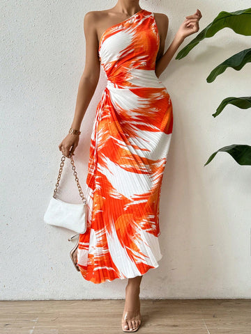 One Shoulder Sleeveless Pleated Dress