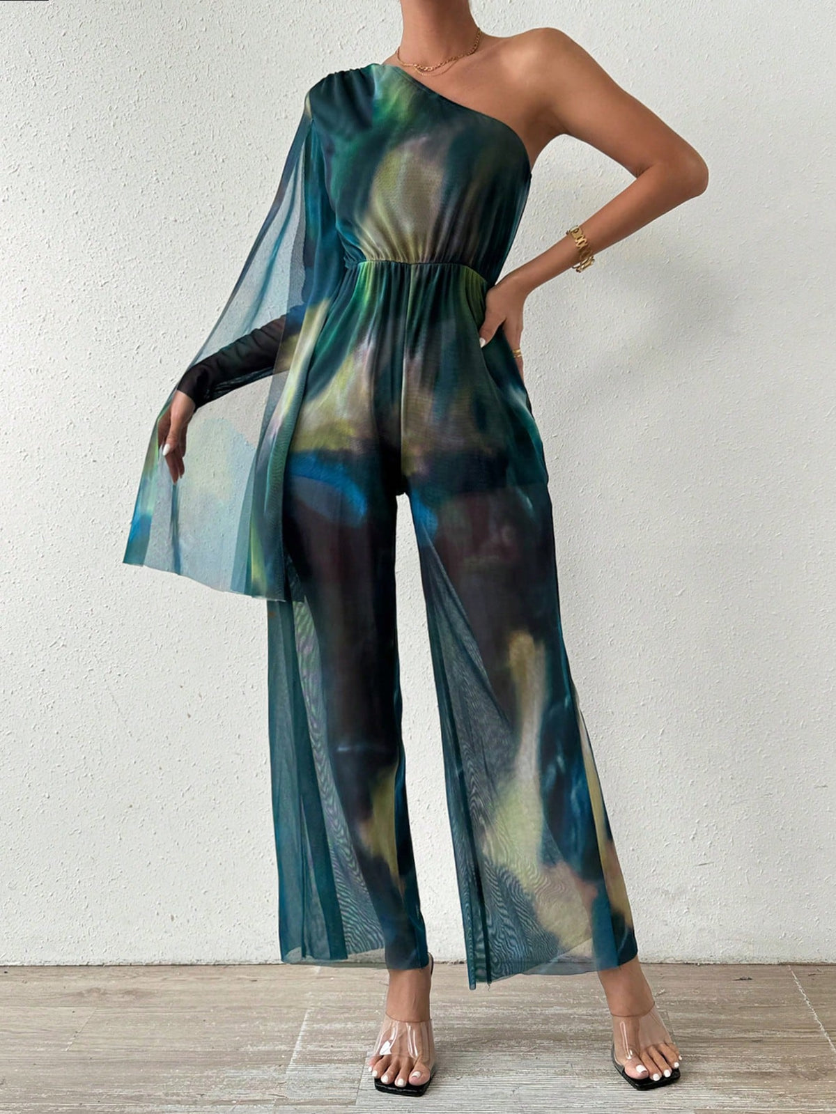 One Shoulder Tie-dye Jumpsuit With Slit Sleeve For Women