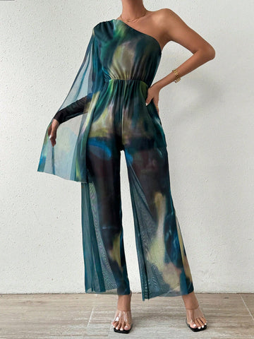 One Shoulder Tie-dye Jumpsuit With Slit Sleeve For Women