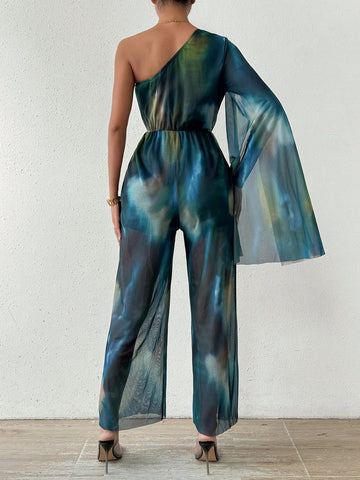 One Shoulder Tie-dye Jumpsuit With Slit Sleeve For Women