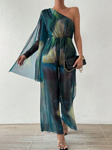 One Shoulder Tie-dye Jumpsuit With Slit Sleeve For Women