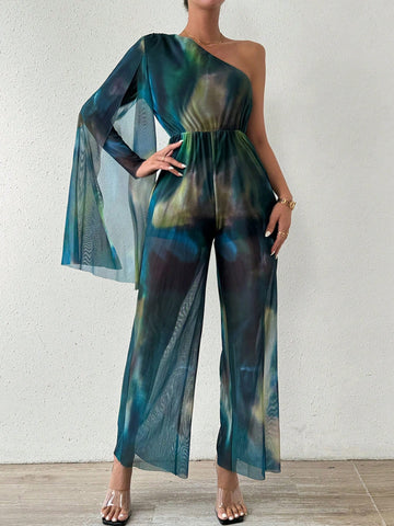 One Shoulder Tie-dye Jumpsuit With Slit Sleeve For Women