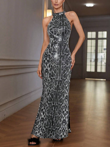 Party Season Elegant Sequin Snake Skin Pattern Sleeveless Extra Long Halter Dress