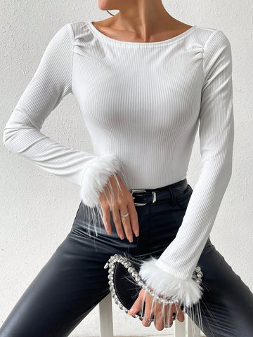 Patchwork Long Sleeve Jumpsuit With Frayed Hem