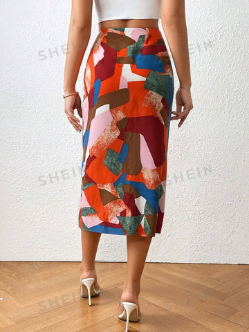 Privé Patchwork Print Knot Split Thigh Skirt