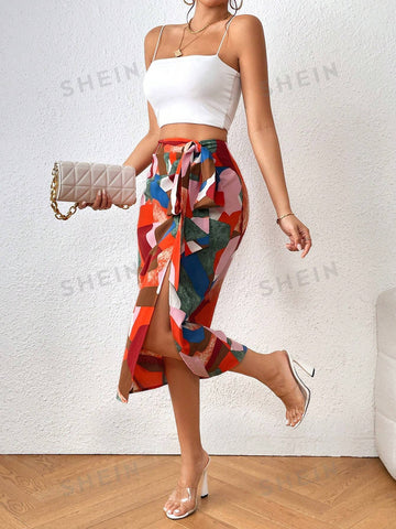 Privé Patchwork Print Knot Split Thigh Skirt