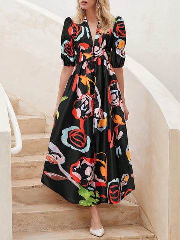 Pattern Print Loose Short Sleeve V-Neck Dress