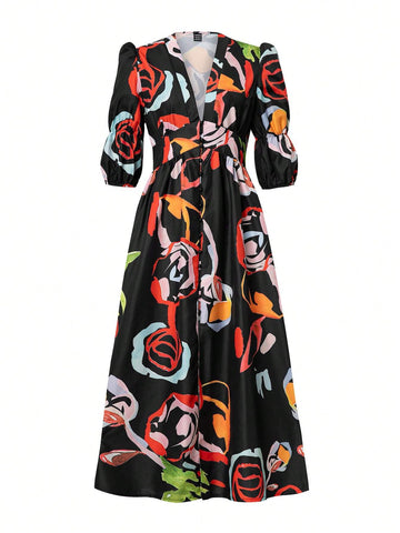 Pattern Print Loose Short Sleeve V-Neck Dress