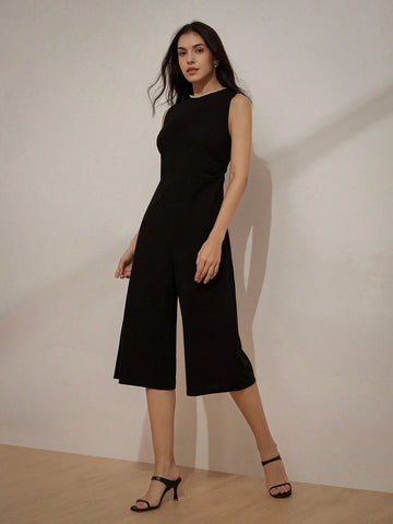 Pearl Embellished Sleeveless Round Neck Jumpsuit, High-End Fashionable And Versatile For Commuting