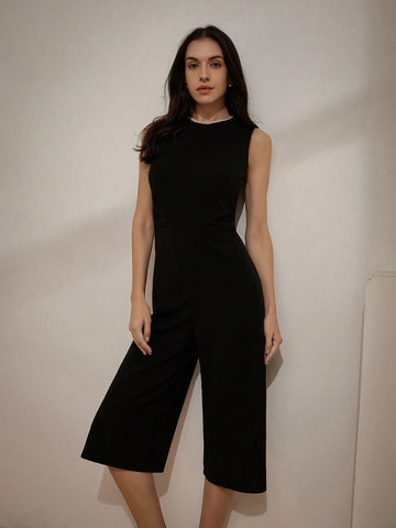 Pearl Embellished Sleeveless Round Neck Jumpsuit, High-End Fashionable And Versatile For Commuting