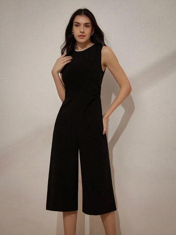 Pearl Embellished Sleeveless Round Neck Jumpsuit, High-End Fashionable And Versatile For Commuting