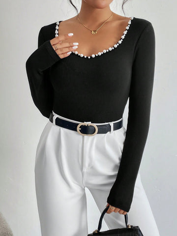 Pearls Beaded Sweetheart Neck Ribbed Knit Bodysuit