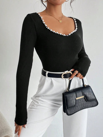 Pearls Beaded Sweetheart Neck Ribbed Knit Bodysuit