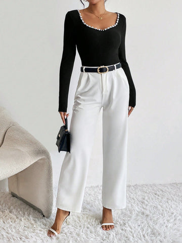 Pearls Beaded Sweetheart Neck Ribbed Knit Bodysuit