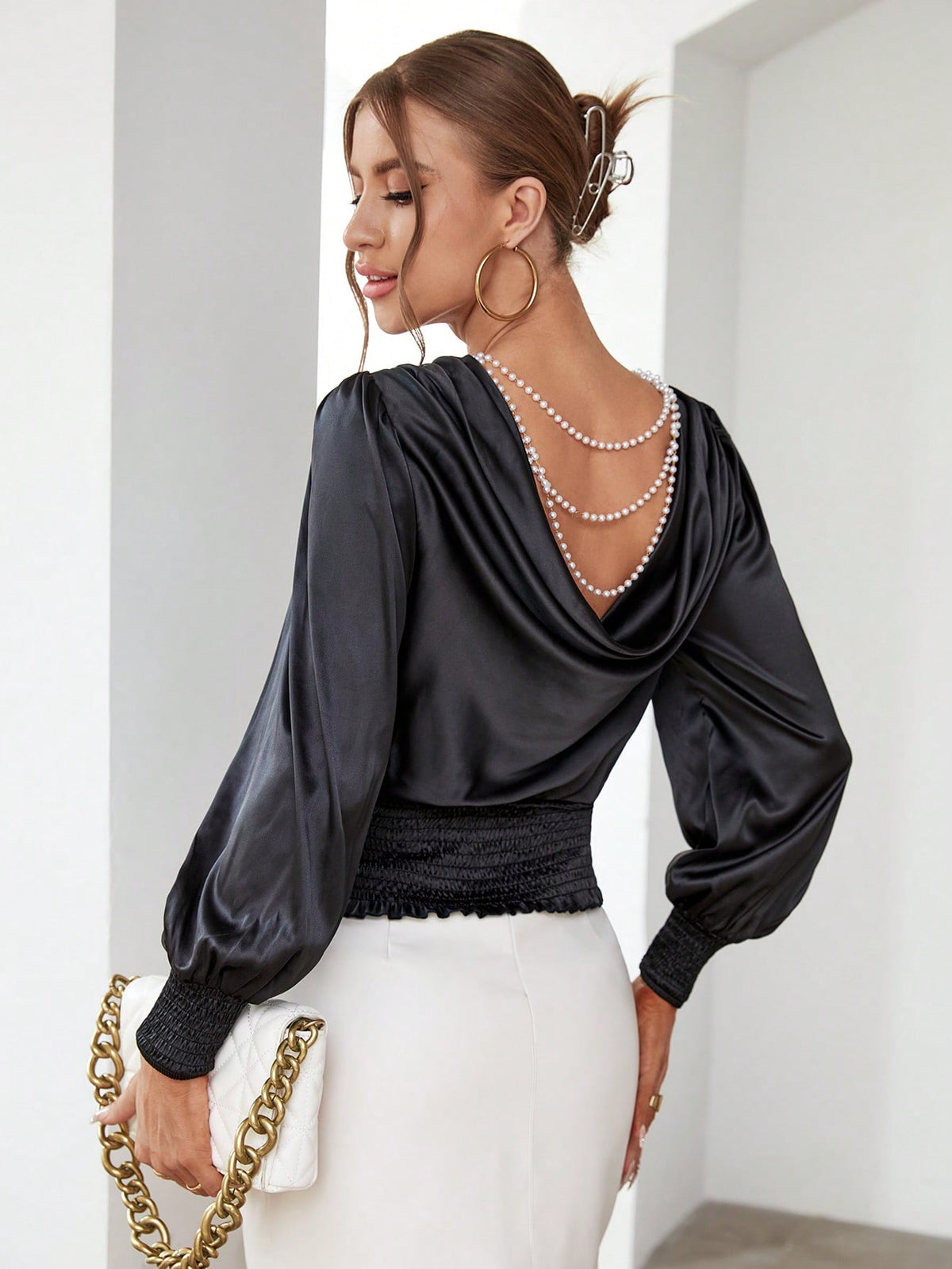 Pearls Chain Detail Lantern Sleeve Shirred Hem Blous5e