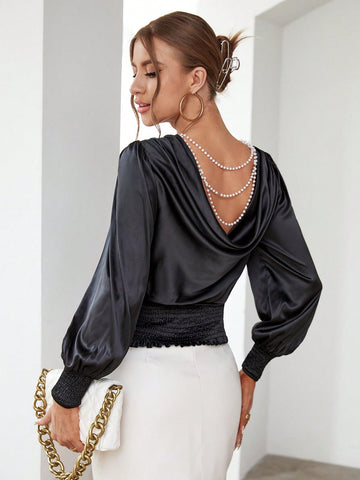 Pearls Chain Detail Lantern Sleeve Shirred Hem Blous5e
