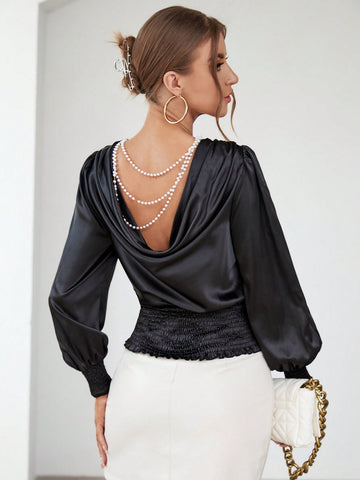 Pearls Chain Detail Lantern Sleeve Shirred Hem Blous5e