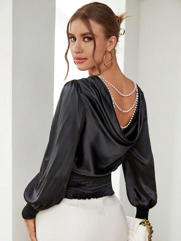 Pearls Chain Detail Lantern Sleeve Shirred Hem Blous5e