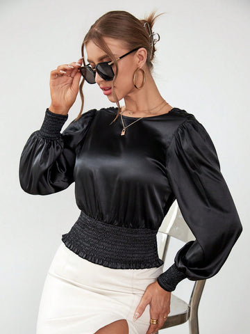 Pearls Chain Detail Lantern Sleeve Shirred Hem Blous5e