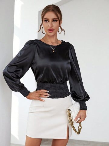 Pearls Chain Detail Lantern Sleeve Shirred Hem Blous5e