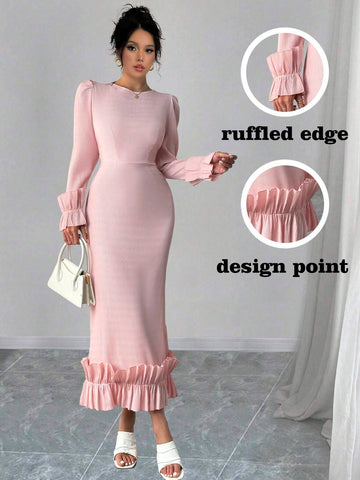 Pink Commuting Romantic Dress With Round Neck, Long Flare Sleeve And Ruffle Hem, Fall/Winter