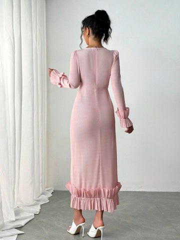 Pink Commuting Romantic Dress With Round Neck, Long Flare Sleeve And Ruffle Hem, Fall/Winter