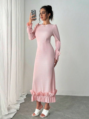 Pink Commuting Romantic Dress With Round Neck, Long Flare Sleeve And Ruffle Hem, Fall/Winter