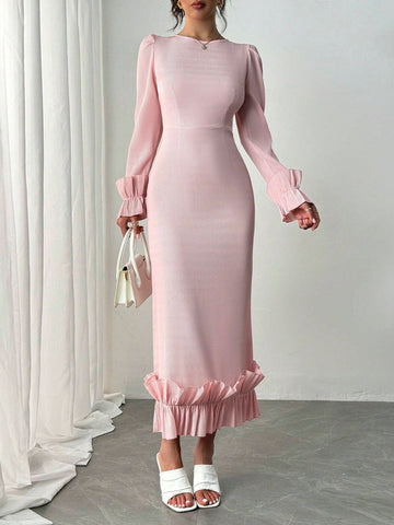 Pink Commuting Romantic Dress With Round Neck, Long Flare Sleeve And Ruffle Hem, Fall/Winter
