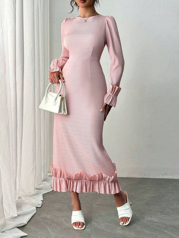 Pink Commuting Romantic Dress With Round Neck, Long Flare Sleeve And Ruffle Hem, Fall/Winter