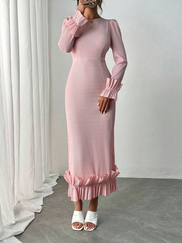 Pink Commuting Romantic Dress With Round Neck, Long Flare Sleeve And Ruffle Hem, Fall/Winter