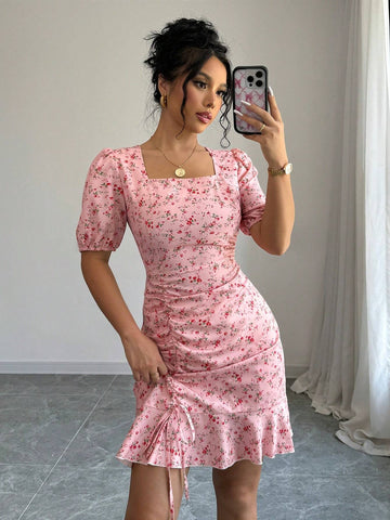 Pink Ditsy Floral Drawstring Ruffle Hem Mini Dress