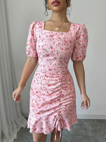 Pink Ditsy Floral Drawstring Ruffle Hem Mini Dress