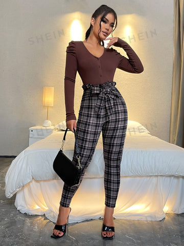 Privé Plaid Paperbag Waist Belted Skinny Pants