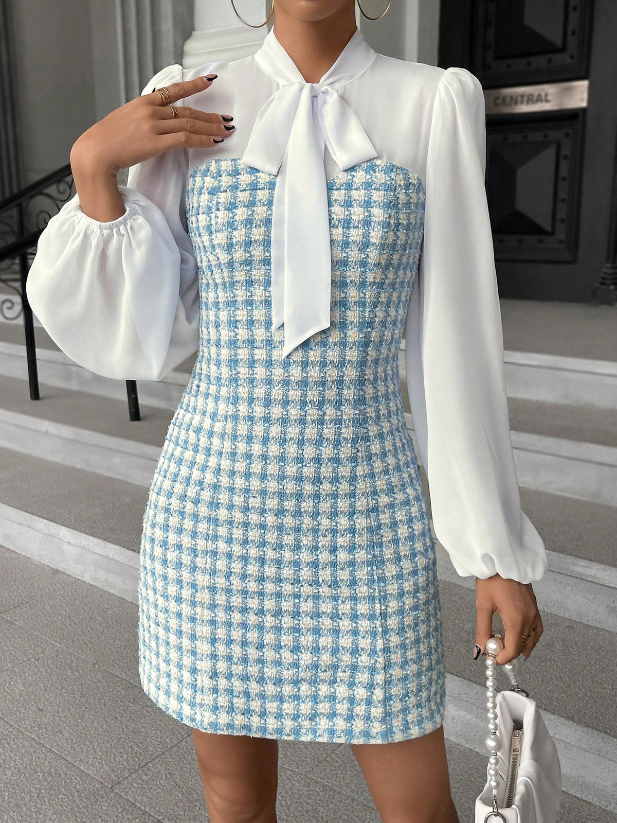 Plaid Pattern Tie Neck Lantern Sleeve Tweed Dress
