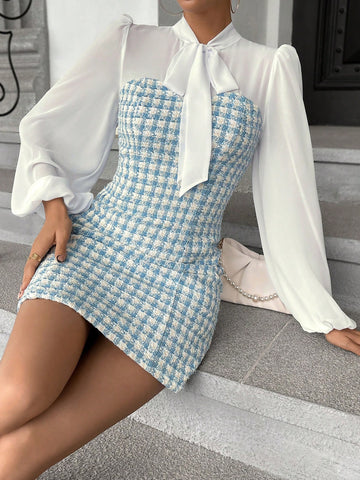 Plaid Pattern Tie Neck Lantern Sleeve Tweed Dress