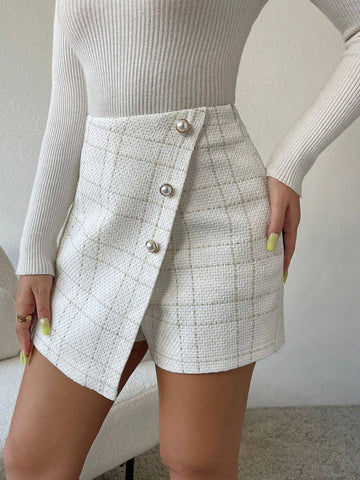 Privé Plaid Print Button Front Tweed Skort