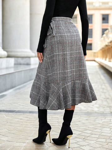 Privé Plaid Print Ruffle Trim Wrap Knot Side Skirt