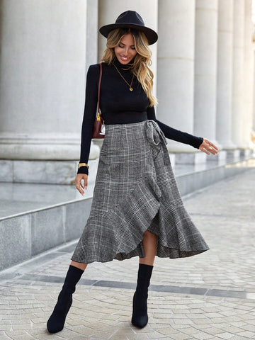 Privé Plaid Print Ruffle Trim Wrap Knot Side Skirt