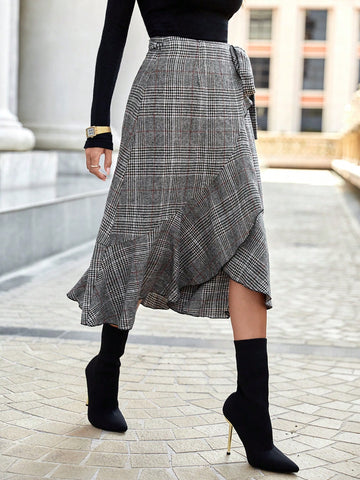 Privé Plaid Print Ruffle Trim Wrap Knot Side Skirt