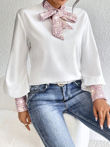 Plaid Print Tie Neck Blouse