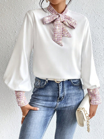 Plaid Print Tie Neck Blouse